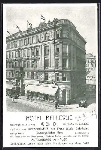 AK Wien, Hotel Bellevue, vis-a-vis des Franz Josefs-Bahnhofes