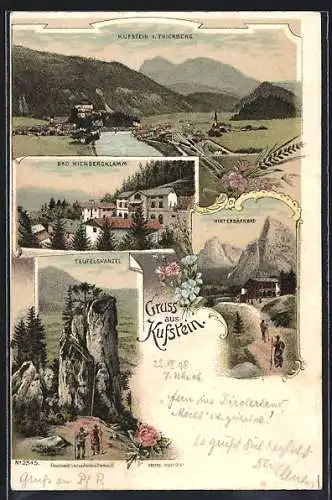 Lithographie Kufstein, Teufelskanzel, Bad Kienbergklamm, Blick vom Thierberg auf den Ort