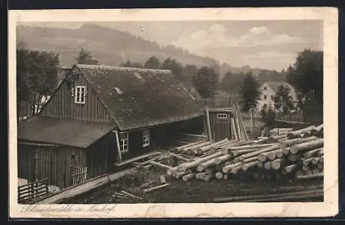 AK Neudorf / Döbeln, Holzstämme an der Schneidemühle