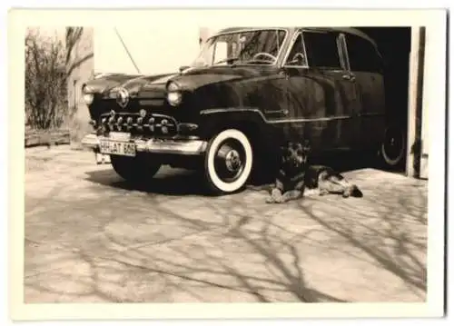 Fotografie Auto Ford Taunus Weltkugel, PKW mit Schild Fahrschule über dem Kennzeichen Hamburg, Schäferhund