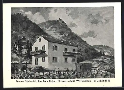 Künstler-AK Weyher /Pfalz, Pension Schönblick der Familie Schwarz