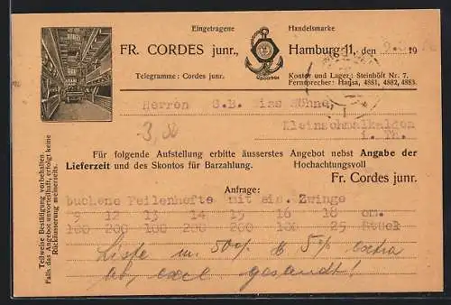 AK Hamburg-Neustadt, Firma Fr. Cordes junr., Steinhöft 7, Handelsmarke mit Anker