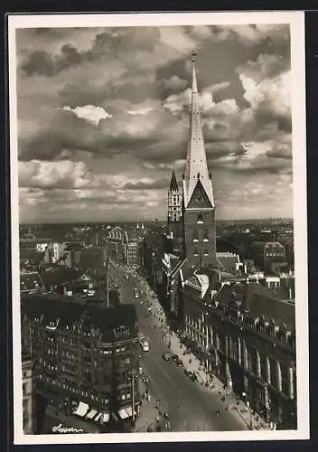 AK Hamburg, Blick in die Mönckebergstrasse mit Petri- und Jacobi-Kirche