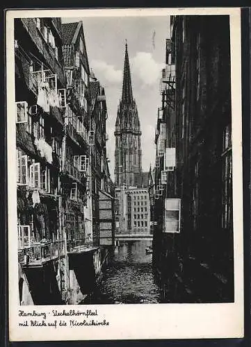 AK Alt-Hamburg, Steckelhörnfleet mit Blick auf die Nicolaikirche