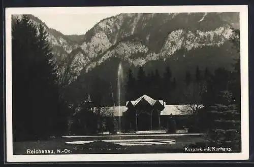 AK Reichenau, Kurpark mit Kurhaus, Fontäne im Park