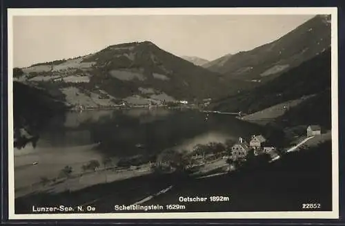 AK Lunz, Lunzer See mit Häusern, Scheiblingstein und Oetscher aus der Vogelschau