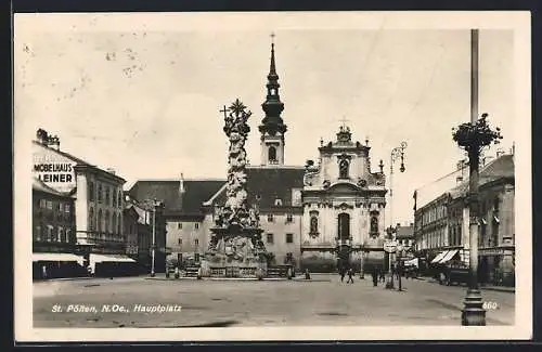 AK St. Pölten, Hauptplatz, Panorama mit Säulendenkmal