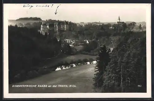 AK Raabs an der Thaya, Teilansicht mit Burg und Thaya aus der Vogelschau