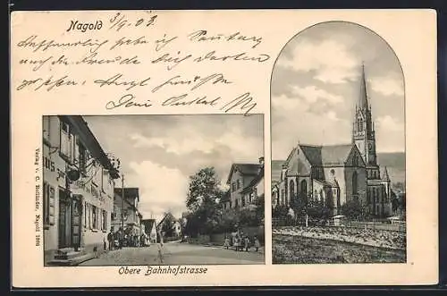 AK Nagold, Obere Bahnstrasse und Kirche