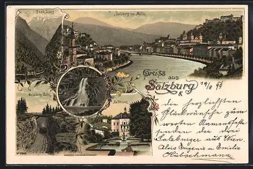 Lithographie Salzburg, Ansicht von Mülln, Gaisberg-Bahn und Hellbrunn