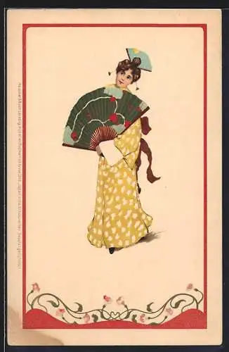 Künstler-AK Geisha mit Fächer im Blumenrahmen, Jugendstil