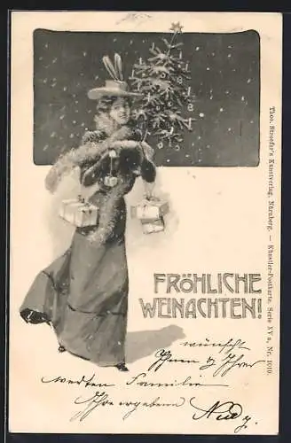 Künstler-AK Theo Stroefer Serie XVa Nr. 1010: Elegante Dame mit Weihnachtsbaum und Geschenken