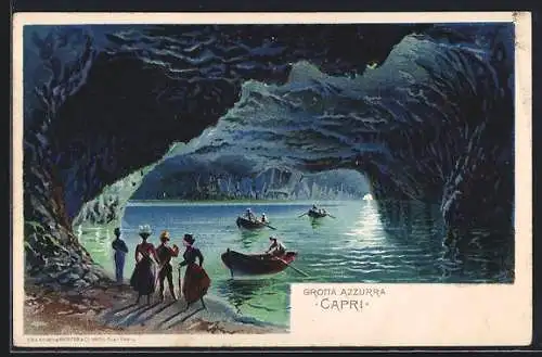 Lithographie Capri, Besucher in der Grotta Azzurra