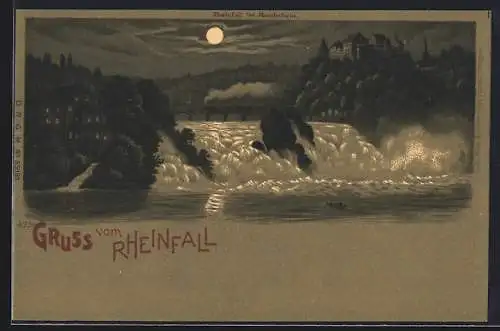Mondschein-Lithographie Rheinfall, Blick auf den Rheinfall im Vollmondlicht