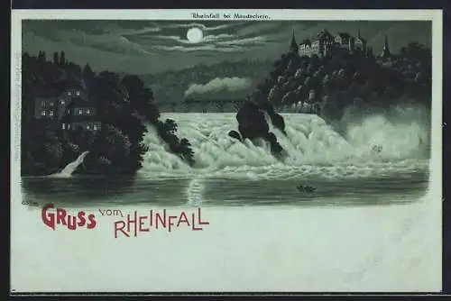Mondschein-Lithographie Rheinfall, Panorama im Vollmondlicht
