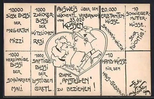 Künstler-AK Rud. Kristen: Ausweis über den wöchentlichen Verbrauch von Küssen, Soldat mit Frau