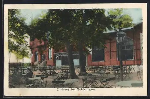 AK Schöningen, Gasthaus Elmhaus, Sitze im Freien