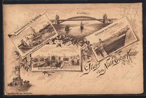 Lithographie Kiel, Schleuse bei Holtenau, Brunsbüttelhafen, Leuchtturm bei Holtenau