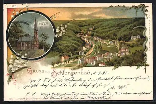 Lithographie Schlangenbad, Katholische Kirche und Ansicht aus der Vogelschau