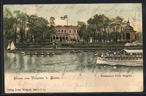 Lithographie Berlin-Treptow, Gasthaus Fritz Regelin, Dampfer, Ruderboot