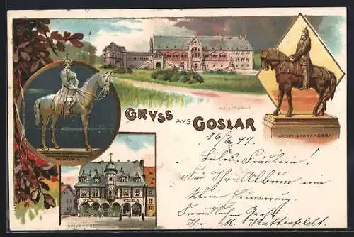 Lithographie Goslar, Kaiserhaus und Statuen von Wilhelm I. und Barbarossa