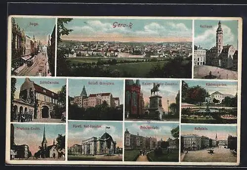 AK Gera, Rathaus, Schloss Osterstein, Schlosswache, Trinitatis-Kirche, Fürstl. Hof-Theater, Prinzenplatz