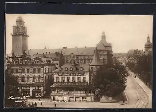 AK Plauen i. V., Restaurant zum Tunnel mit Rathaus und Lutherkirche