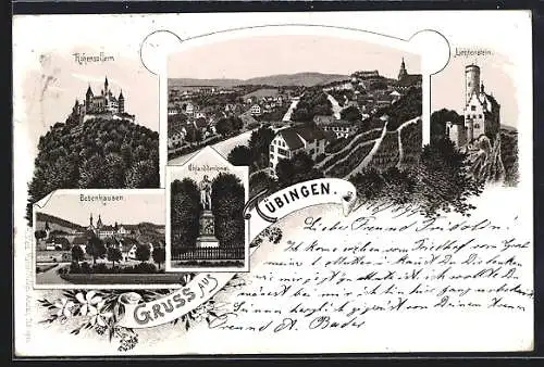 Vorläufer-Lithographie Tübingen, 1894, Hohenzollern, Lichtenstein, Uhlanddenkmal, Ansicht Bebenhausen