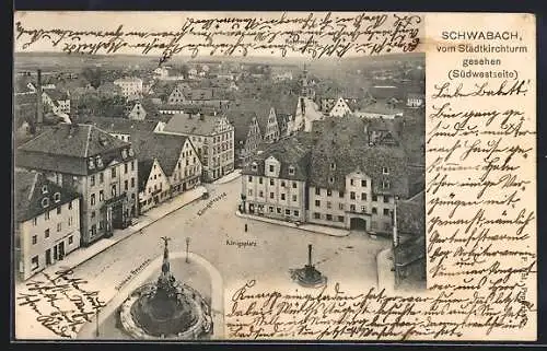 AK Schwabach, Königsplatz vom Stadtkirchturm gesehen, Schöner Brunnen an der Königstrasse