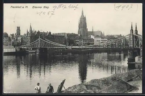 AK Alt-Frankfurt, Eiserner Steg mit Stadtpanorama