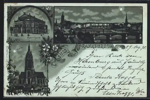 Mondschein-Lithographie Frankfurt a. M., Opernhaus, Dom, Teilansicht mit Brücke