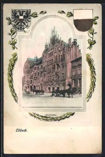 AK Lübeck, Stadthallen, Wappen, Lorbeerkranz, im Rahmen