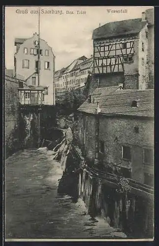 AK Saarburg /Bez. Trier, Ortspartie am Wasserfall