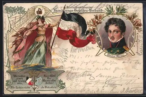 Lithographie Deutschnationaler Handlungs-Gehilfen-Verband, Kämpfende Germania mit Fahne, Theodor Körner, Verbands-Signet