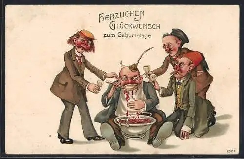 AK Feiernde trinken Punsch, Geburtstagsgruss