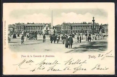 AK Paris I, Place de la Concorde et Madeleine mit Brunnen und Obelisk, Pferdekutschen und Radfahrer