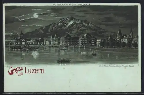 Mondschein-Lithographie Luzern, Ortsansicht mit dem Pilatus bei Vollmond