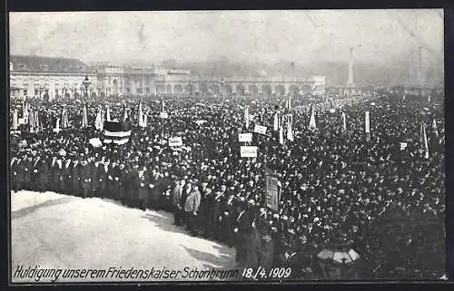 AK Wien-Schönbrunn, Huldigung unserem Friedenskaiser 18.4.1909