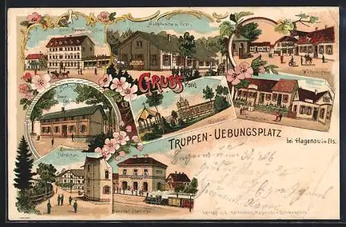 Lithographie Hagenau, Truppenübungsplatz, Hauptwache & Post, Bahnhof Oberhofen, Baracken