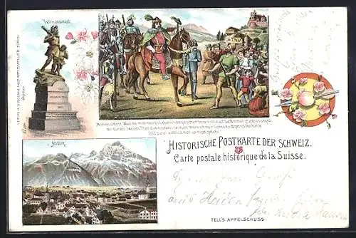 Lithographie Altdorf, Teilansicht, Tellmonument, Wohlan o Herr...