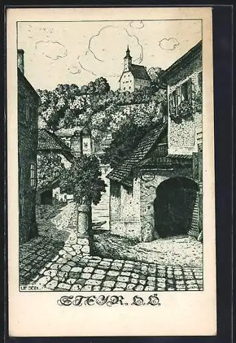 Künstler-AK Ulf Seidl: Steyr, Ortsteilansicht
