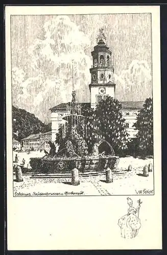 Künstler-AK Ulf Seidl: Salzburg, Residenzbrunnen und Glockenspiel