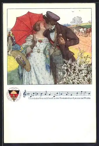 Künstler-AK Karl Friedrich Gsur, Deutscher Schulverein NR 20: Student küsst seine Freundin unter einem roten Schirm