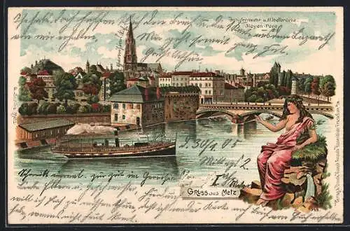 Lithographie Metz, Jungfernwehr & Mittelbrücke Aioyen-Port