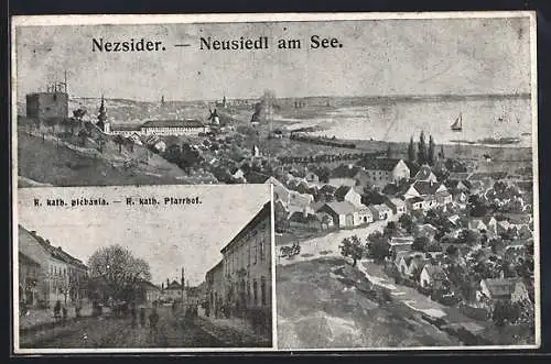 AK Neusiedl am See, R. kath. Pfarrhof und Ortsansicht aus der Vogelschau