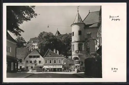 AK Grein a. Donau, Ortspartie mit Gasthaus Jac. Christ und Geschäft