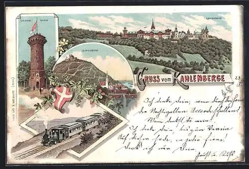 Lithographie Wien-Kahlenberge, Stefanie-Warte, Leopoldsberg, Ortsansicht, Eisenbahn