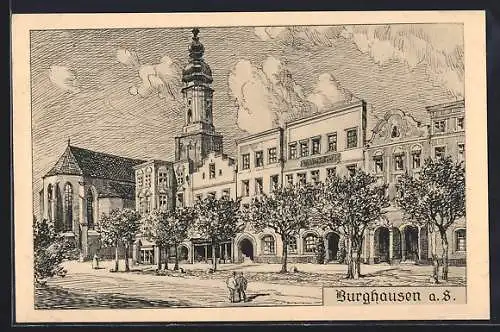 Künstler-AK Burghausen a. S., Gebäude am Marktplatz