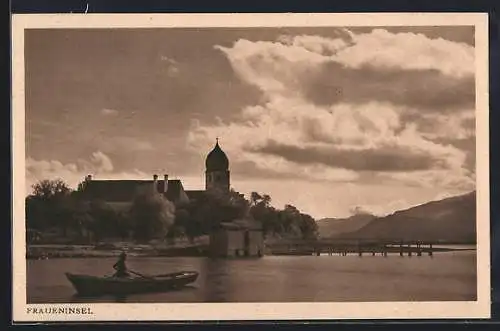 AK Chiemsee, Fraueninsel, Panorama bei Dämmerung