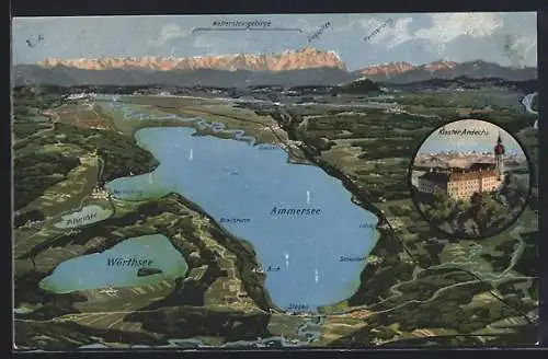 AK Schondorf, Kloster Andechs, Panorama mit Buch, Stegen und Wörthsee, Bergpanorama mit Zugspitze und Peissenberg